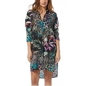 Carmen Marc Valvo Womens Printed Tie-Front Swim Cover-Up Shirt Large Black - NWT